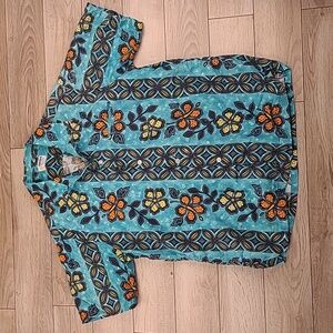 1960s 70s ANDRADE Floral Blue Hawaiian‎ Abstract Large Mens Button Up Shirt VTG
